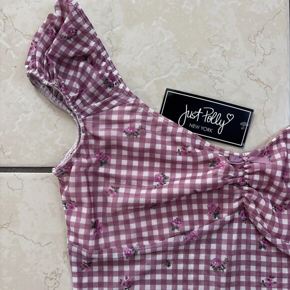 Y2K Just Polly NY Gingham Pink + White Floral Tank Top Women’s Large - Picture 2 of 8